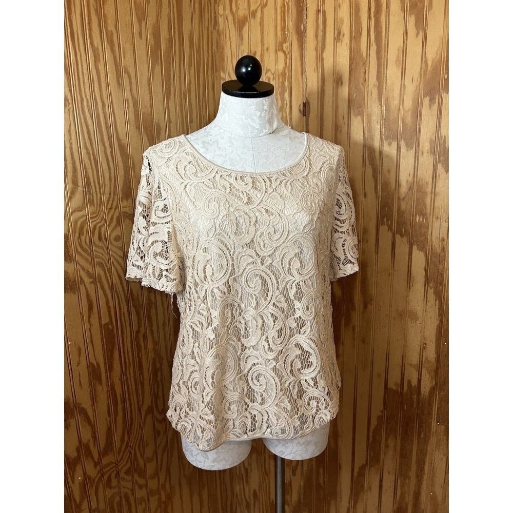 Adrianna‎ Papell Womens Lace Beige Lined short Sleeve Blouse Work Size L